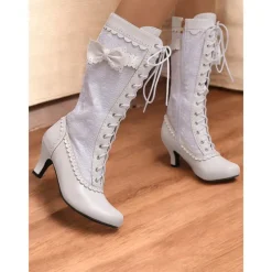 Women's Red Lace-Up Victorian Boots with Bow and Floral Embroidery, Vintage Style Heels for Cosplay and Special Occasions