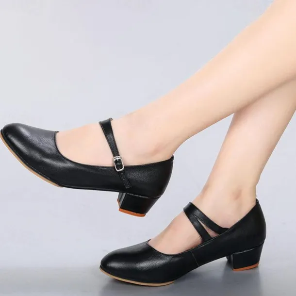 Women's Red Latin Dance Shoes – Leather Mary Jane Style with Chunky Heels and Adjustable Strap for Ballroom and Performance