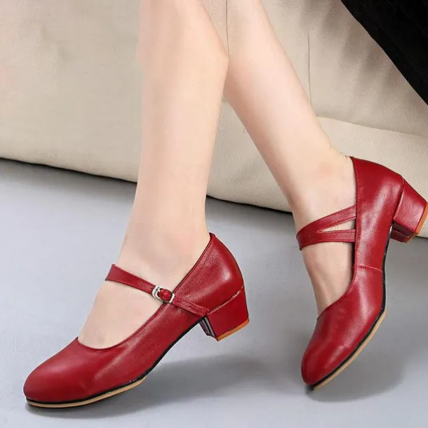 Women's Red Latin Dance Shoes – Leather Mary Jane Style with Chunky Heels and Adjustable Strap for Ballroom and Performance