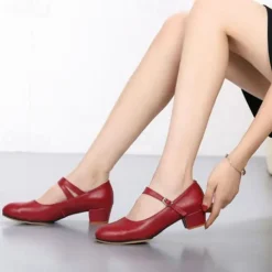 Women's Red Latin Dance Shoes – Leather Mary Jane Style with Chunky Heels and Adjustable Strap for Ballroom and Performance