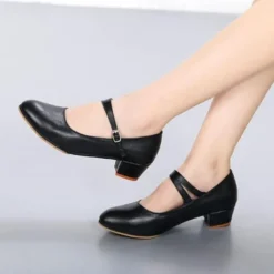 Women's Red Latin Dance Shoes – Leather Mary Jane Style with Chunky Heels and Adjustable Strap for Ballroom and Performance