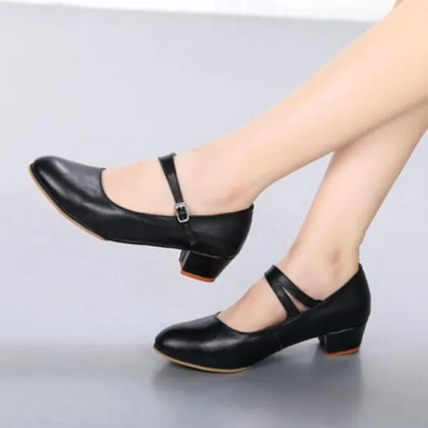 Women's Red Latin Dance Shoes – Leather Mary Jane Style with Chunky Heels and Adjustable Strap for Ballroom and Performance