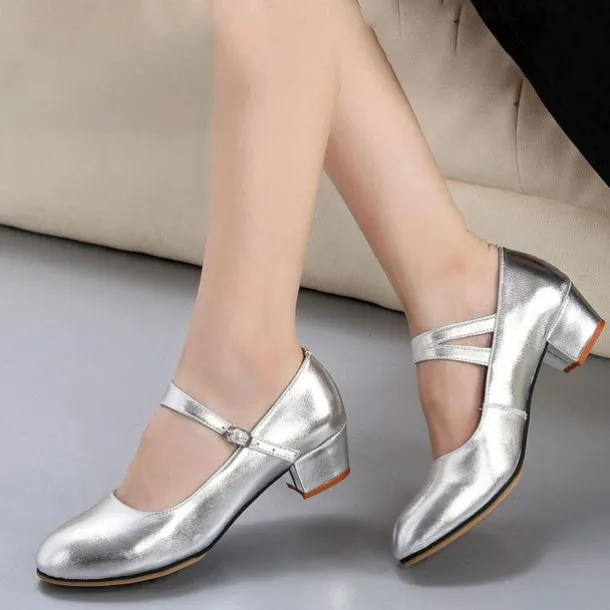 Women's Red Latin Dance Shoes – Leather Mary Jane Style with Chunky Heels and Adjustable Strap for Ballroom and Performance