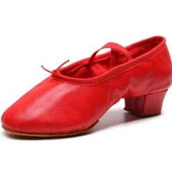 Women's Red Leather Low-Heel Dance Shoes with Soft Suede Sole – Ideal for Ballroom and Latin Dance