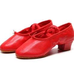 Women's Red Leather Low-Heel Dance Shoes with Soft Suede Sole – Ideal for Ballroom and Latin Dance