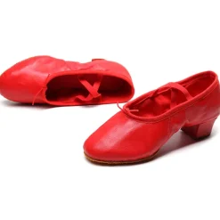 Women's Red Leather Low-Heel Dance Shoes with Soft Suede Sole – Ideal for Ballroom and Latin Dance