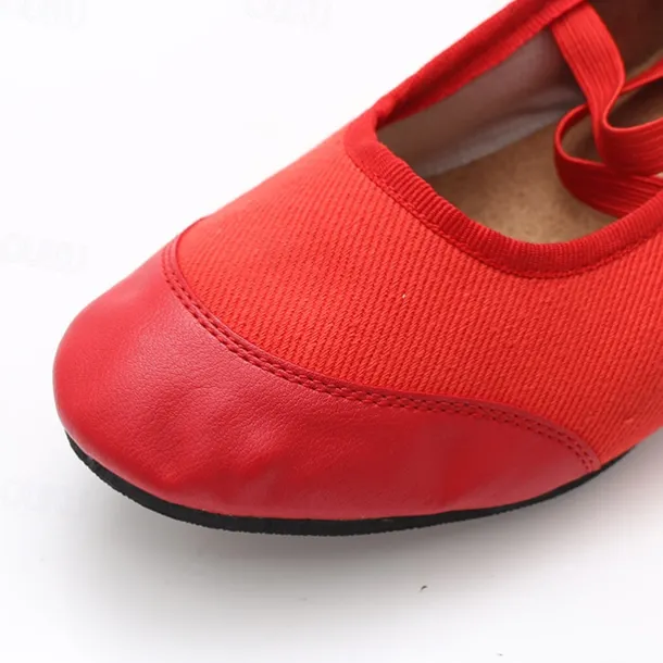 Women's Red Low-Heel Dance Shoes with Elastic Cross Straps – Comfortable and Lightweight Design for Ballet, Jazz, and Performance
