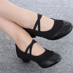 Women's Red Low-Heel Dance Shoes with Elastic Cross Straps – Comfortable and Lightweight Design for Ballet, Jazz, and Performance