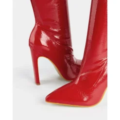 Women's Red Patent Faux Leather Knee-High Stiletto Boots with Crocodile Pattern - Sexy High Heel Boots for Parties and Night Out