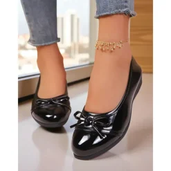 Women's Red Patent Leather Ballet Flats with Bow - Classic Round Toe Slip-On Dress Shoes for Teens and Ladies, Ideal for School, Work, and Everyday Casual Outfits