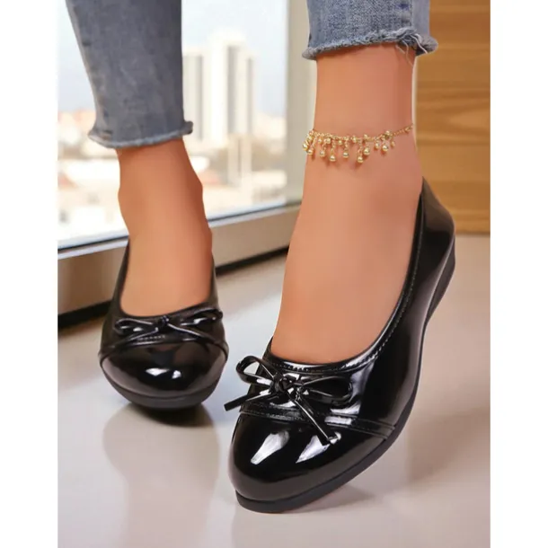 Women's Red Patent Leather Ballet Flats with Bow - Classic Round Toe Slip-On Dress Shoes for Teens and Ladies, Ideal for School, Work, and Everyday Casual Outfits