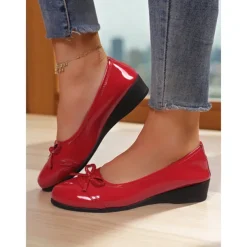 Women's Red Patent Leather Ballet Flats with Bow - Classic Round Toe Slip-On Dress Shoes for Teens and Ladies, Ideal for School, Work, and Everyday Casual Outfits