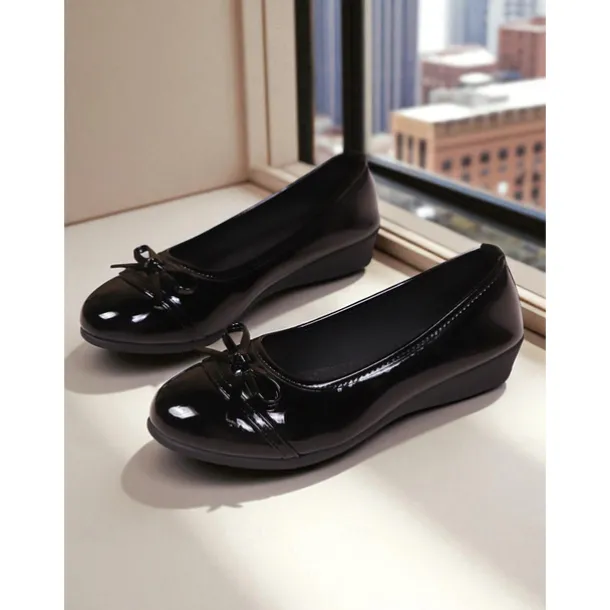 Women's Red Patent Leather Ballet Flats with Bow - Classic Round Toe Slip-On Dress Shoes for Teens and Ladies, Ideal for School, Work, and Everyday Casual Outfits