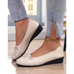 Women's Red Patent Leather Ballet Flats with Bow - Classic Round Toe Slip-On Dress Shoes for Teens and Ladies, Ideal for School, Work, and Everyday Casual Outfits