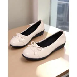 Women's Red Patent Leather Ballet Flats with Bow - Classic Round Toe Slip-On Dress Shoes for Teens and Ladies, Ideal for School, Work, and Everyday Casual Outfits