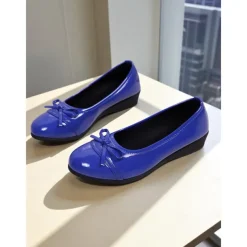 Women's Red Patent Leather Ballet Flats with Bow - Classic Round Toe Slip-On Dress Shoes for Teens and Ladies, Ideal for School, Work, and Everyday Casual Outfits