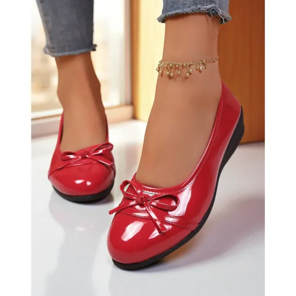 Women's Red Patent Leather Ballet Flats with Bow - Classic Round Toe Slip-On Dress Shoes for Teens and Ladies, Ideal for School, Work, and Everyday Casual Outfits