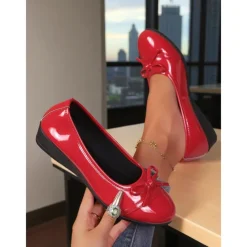 Women's Red Patent Leather Ballet Flats with Bow - Classic Round Toe Slip-On Dress Shoes for Teens and Ladies, Ideal for School, Work, and Everyday Casual Outfits