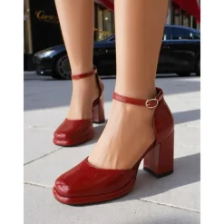 Women's Red Patent Leather Block Heel Pumps – 1950s Vintage-Inspired Ankle Strap Dress Shoes for Parties, Work, and Special Occasions