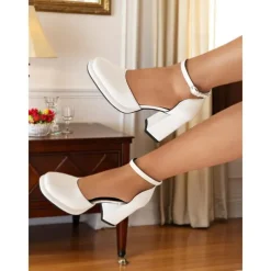 Women's Red Patent Leather Block Heel Pumps – 1950s Vintage-Inspired Ankle Strap Dress Shoes for Parties, Work, and Special Occasions