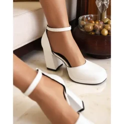 Women's Red Patent Leather Block Heel Pumps – 1950s Vintage-Inspired Ankle Strap Dress Shoes for Parties, Work, and Special Occasions