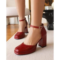 Women's Red Patent Leather Block Heel Pumps – 1950s Vintage-Inspired Ankle Strap Dress Shoes for Parties, Work, and Special Occasions