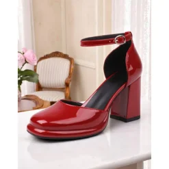 Women's Red Patent Leather Block Heel Pumps – 1950s Vintage-Inspired Ankle Strap Dress Shoes for Parties, Work, and Special Occasions