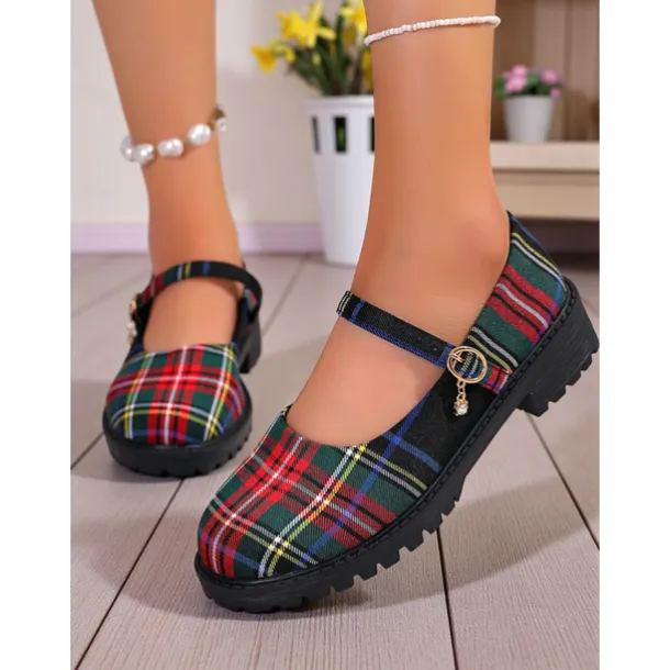 Women's Red Plaid Mary Jane Flats - Chunky Sole Tartan Shoes with Buckle Strap, Casual School Style for Teens and Fall Outfits