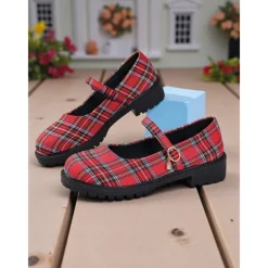 Women's Red Plaid Mary Jane Flats - Chunky Sole Tartan Shoes with Buckle Strap, Casual School Style for Teens and Fall Outfits