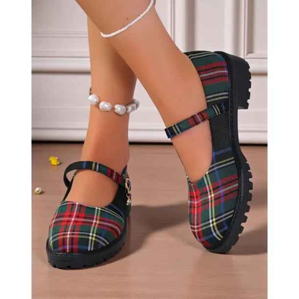 Women's Red Plaid Mary Jane Flats - Chunky Sole Tartan Shoes with Buckle Strap, Casual School Style for Teens and Fall Outfits
