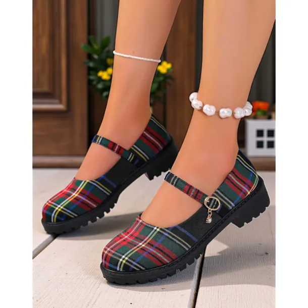 Women's Red Plaid Mary Jane Flats - Chunky Sole Tartan Shoes with Buckle Strap, Casual School Style for Teens and Fall Outfits
