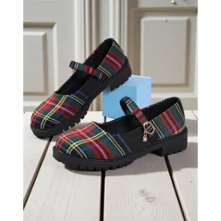 Women's Red Plaid Mary Jane Flats - Chunky Sole Tartan Shoes with Buckle Strap, Casual School Style for Teens and Fall Outfits