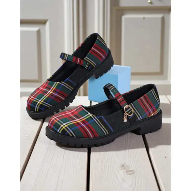 Women's Red Plaid Mary Jane Flats - Chunky Sole Tartan Shoes with Buckle Strap, Casual School Style for Teens and Fall Outfits