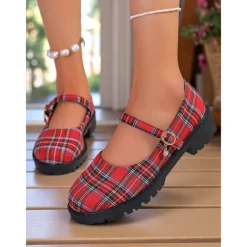 Women's Red Plaid Mary Jane Flats - Chunky Sole Tartan Shoes with Buckle Strap, Casual School Style for Teens and Fall Outfits