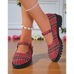 Women's Red Plaid Mary Jane Flats - Chunky Sole Tartan Shoes with Buckle Strap, Casual School Style for Teens and Fall Outfits