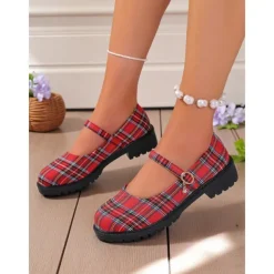 Women's Red Plaid Mary Jane Flats - Chunky Sole Tartan Shoes with Buckle Strap, Casual School Style for Teens and Fall Outfits
