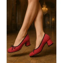 Women's Red Polka Dot Block Heels – Vintage Bow Pumps for Retro Parties, Dance & 1950s Style Outfits