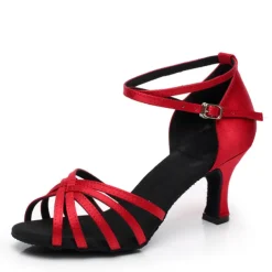 Women's Red Satin Latin Dance Shoes – Strappy Ballroom Heels with Suede Sole for Salsa & Performance