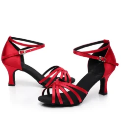 Women's Red Satin Latin Dance Shoes – Strappy Ballroom Heels with Suede Sole for Salsa & Performance