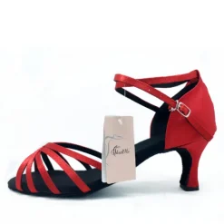 Women's Red Satin Latin Dance Shoes – Strappy Ballroom Heels with Suede Sole for Salsa & Performance
