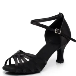 Women's Red Satin Latin Dance Shoes – Strappy Ballroom Heels with Suede Sole for Salsa & Performance