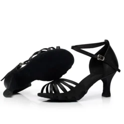 Women's Red Satin Latin Dance Shoes – Strappy Ballroom Heels with Suede Sole for Salsa & Performance