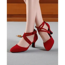Women's Red Suede Cross-Strap Dance Shoes with Mid-Heel - Professional Latin and Ballroom Performance Footwear