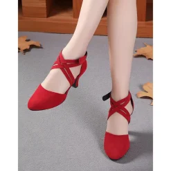 Women's Red Suede Cross-Strap Dance Shoes with Mid-Heel - Professional Latin and Ballroom Performance Footwear