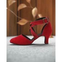 Women's Red Suede Cross-Strap Dance Shoes with Mid-Heel - Professional Latin and Ballroom Performance Footwear