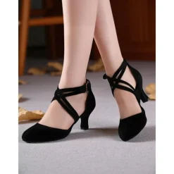 Women's Red Suede Cross-Strap Dance Shoes with Mid-Heel - Professional Latin and Ballroom Performance Footwear