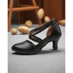 Women's Red Suede Cross-Strap Dance Shoes with Mid-Heel - Professional Latin and Ballroom Performance Footwear