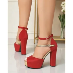 Women's Red Suede Platform Block Heel Sandals - Peep Toe Ankle Strap High Heels for Nightlife Parties and Evening Clubwear