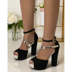 Women's Red Suede Platform Block Heel Sandals - Peep Toe Ankle Strap High Heels for Nightlife Parties and Evening Clubwear