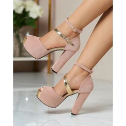 Women's Red Suede Platform Block Heel Sandals - Peep Toe Ankle Strap High Heels for Nightlife Parties and Evening Clubwear